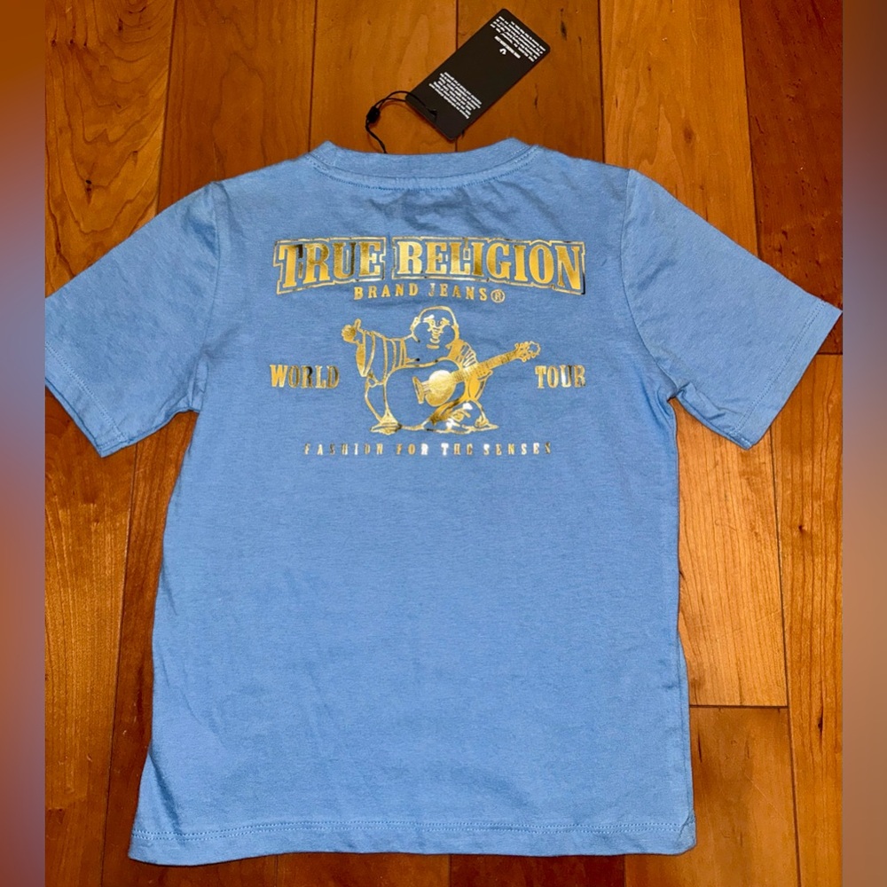 NWT True Religion Blue and Metallic Silver Graphic Short Sleeve Tee